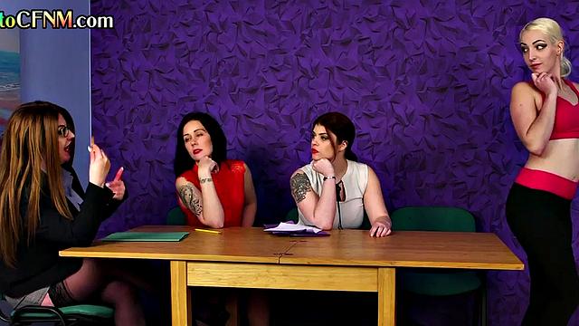 British CFNM femdoms give group BJ and deepthroat.