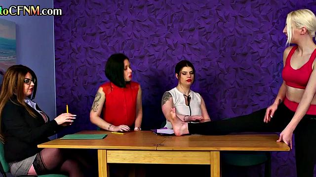 British CFNM femdoms give group BJ and deepthroat.