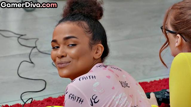 Cute gamer babe smashed in 3some