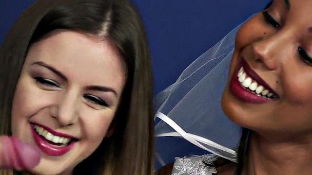 CFNM wedding dress Ebony jerks old cock in 3some with Friend