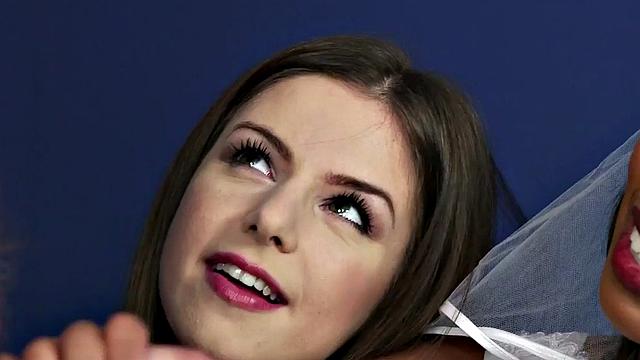 CFNM wedding dress Ebony jerks old cock in 3some with Friend