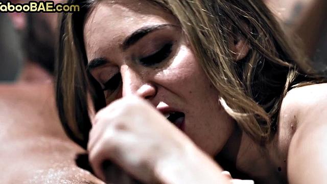 Stepdaughter in hard threeway with two huge dicks