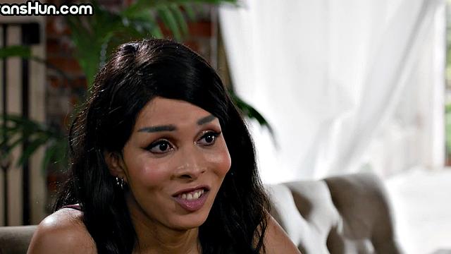 Lesbian ebony Tranny titfucking GF before pussyfuck on sofa