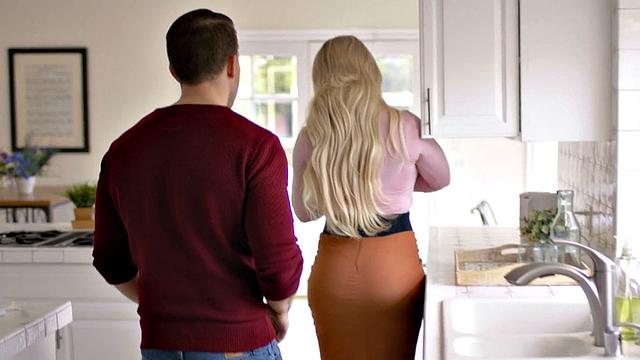 Big-titted stepmom riding stepson in the kitchen