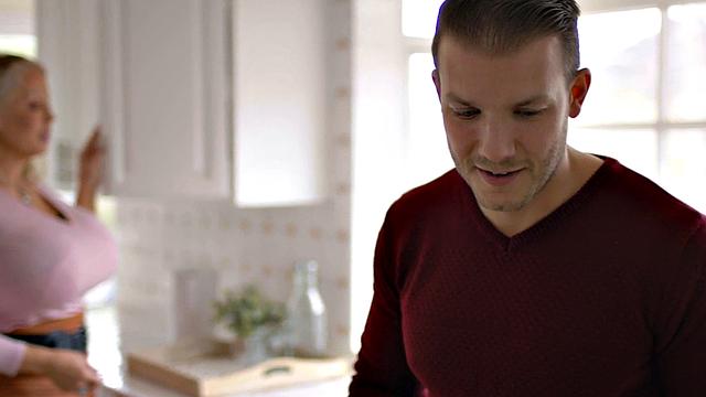 Big-titted stepmom riding stepson in the kitchen