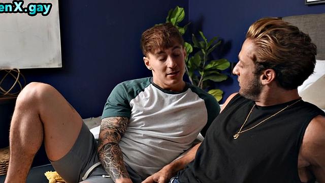 Inked jock wanks while fucked by his BF
