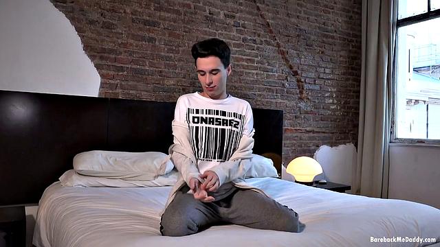 Hoping to get a part in an upcoming scene, Andre Szart puts on his sexy, while stripping naked on a bed. As he works up a boner, producer moves in to suck on the boy's dick.