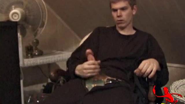 When we look in on Christian, he already has his hard cock out and he's giving it a real good stroking. It doesn't take long before he spills his nut, but Christian continues jacking off and soon he squeezes out a second cum load.