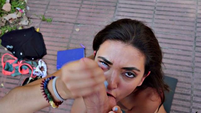 Pulled brunette riding and sucking big shaft in POV