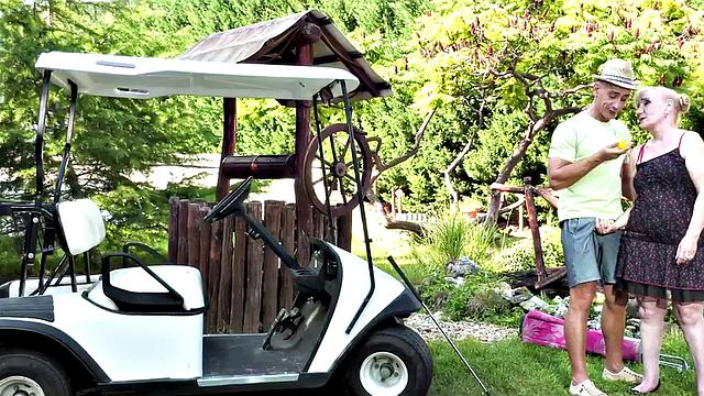 Plumper granny smashed by golf instructor in outdoor pussyfuck