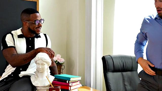 Black hunk fists and sucks white jock in office