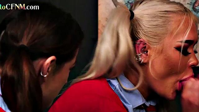 Uniform schoolbabes tugging guy