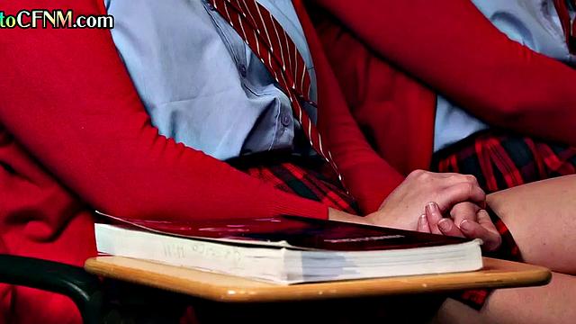 Uniform schoolbabes tugging guy