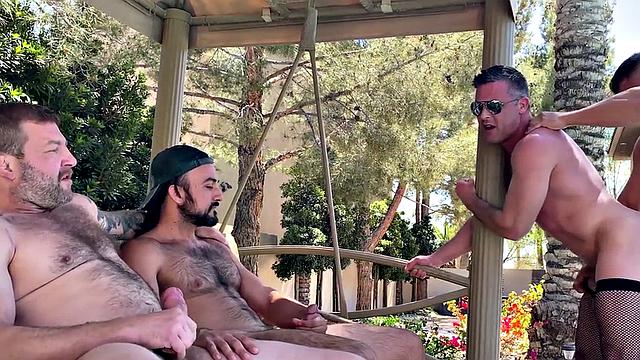 Crossdresser in stockings gangbanged outdoors by pool