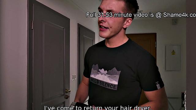 Blonde with high heels cheats on her man in the kitchen while wearing fishnet stockings and high heels