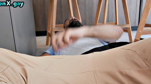 Gay plumber fucks greedy stud's ass on kitchen surface