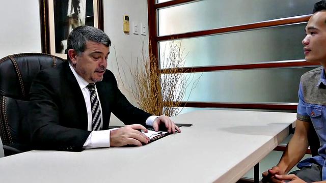 Slim Nippon twink bareback fucked by DILF in office