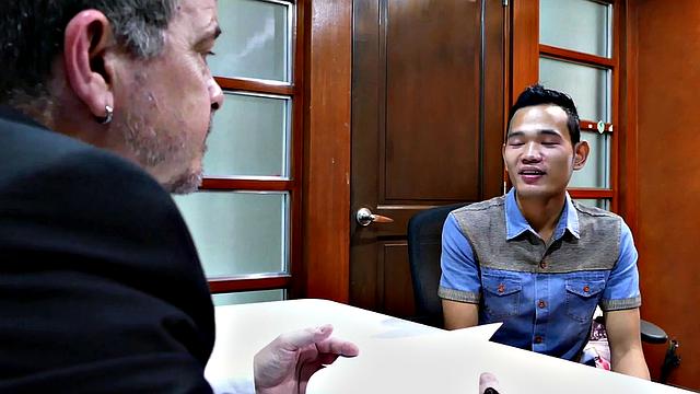 Slim Nippon twink bareback fucked by DILF in office