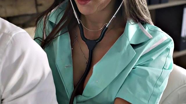 Naughty nurse with big tits gives patient a hot handjob in the office