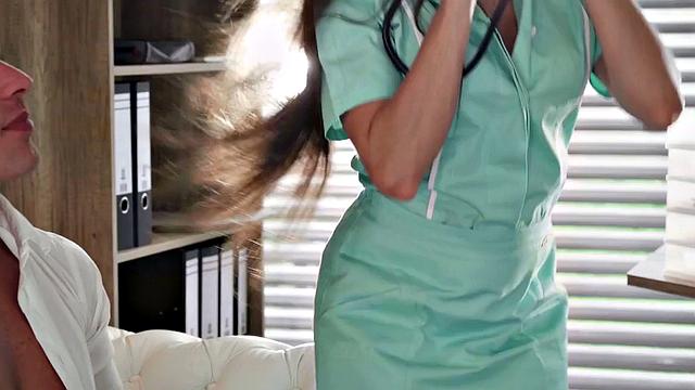 Naughty nurse with big tits gives patient a hot handjob in the office