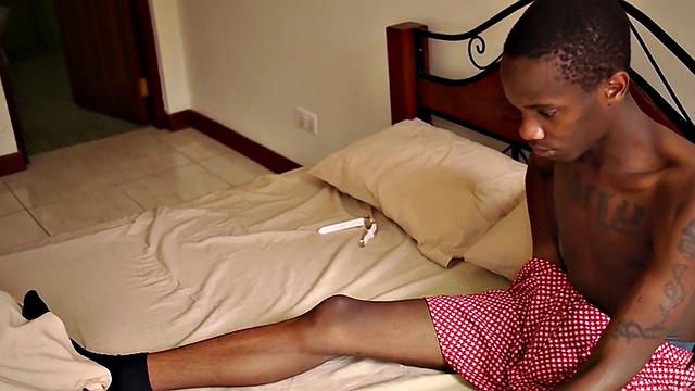 Tattoo African twink tugs his lubed during solo