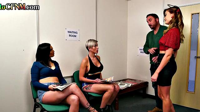 CFNM femdoms suck dick in waiting room till cumshot