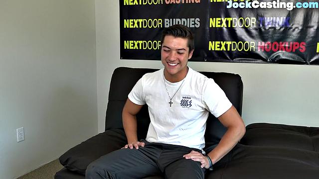 Athletic jock masturbates solo on couch during casting audition