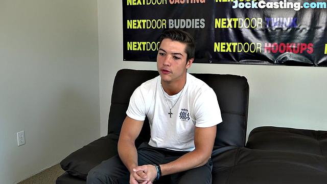 Athletic jock masturbates solo on couch during casting audition