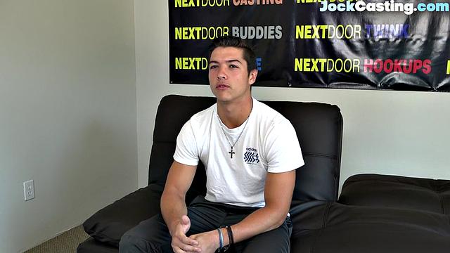 Athletic jock masturbates solo on couch during casting audition