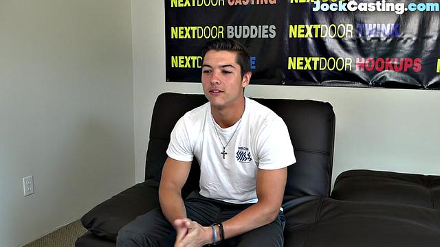 Athletic jock masturbates solo on couch during casting audition