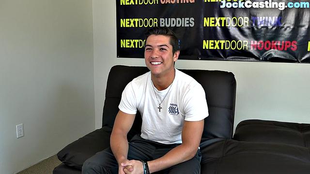 Athletic jock masturbates solo on couch during casting audition