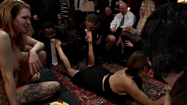 Throatfucked public sluts banged in orgy in front of voyeurs