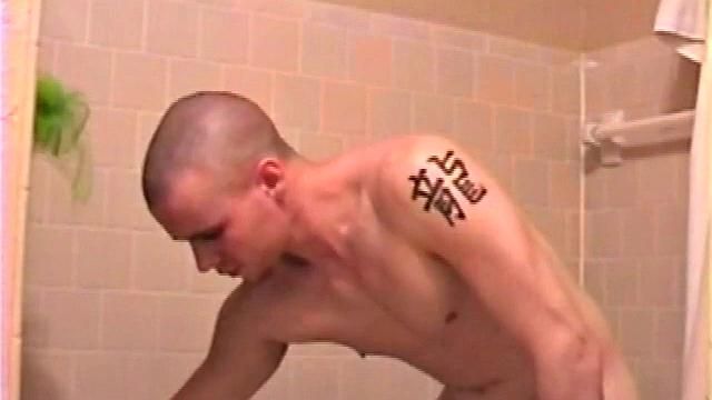 After a busy day Shawn's in the bathroom getting ready to shower and decides to play with himself through his pants. He strips and flexes for the camera, while stroking his hard dick and soon Shawn blasts a warm cum load onto his chest.