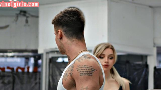 Tgirl public laundromat fun with hunk