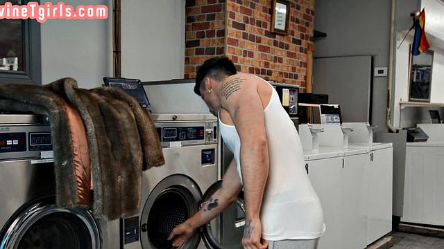 Tgirl public laundromat fun with hunk
