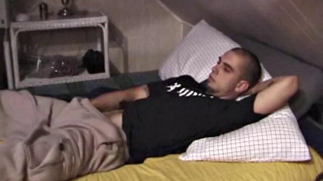 Young amateur Josh grabs his crotch, gets naked, and blows his load.