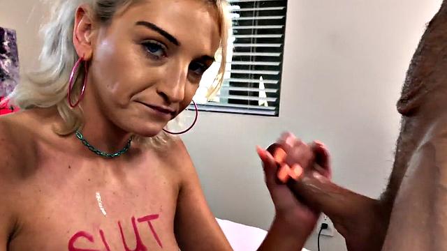 Skinny slut rides hubbie in front wife before doggy sex