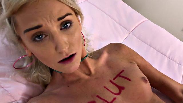 Skinny slut rides hubbie in front wife before doggy sex