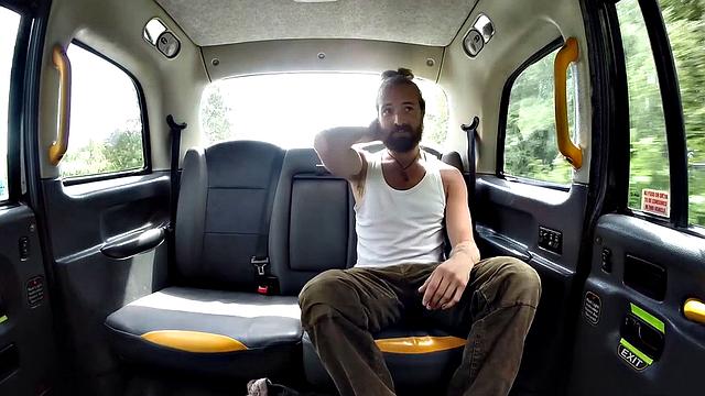 Blonde with pigtails & big tits gets a hard fuck in a taxi, then takes it from behind