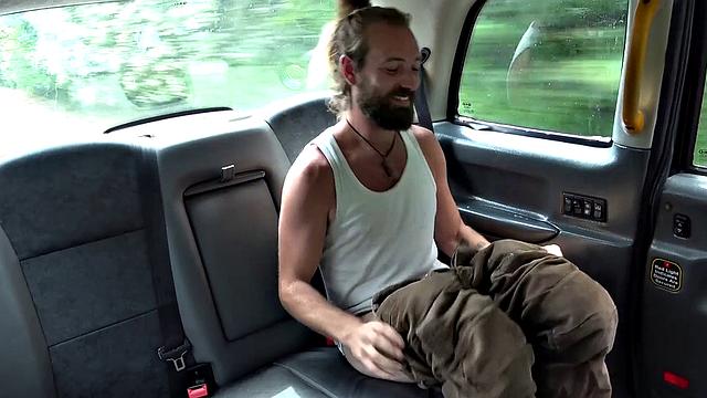 Blonde with pigtails & big tits gets a hard fuck in a taxi, then takes it from behind