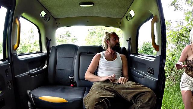 Blonde with pigtails & big tits gets a hard fuck in a taxi, then takes it from behind