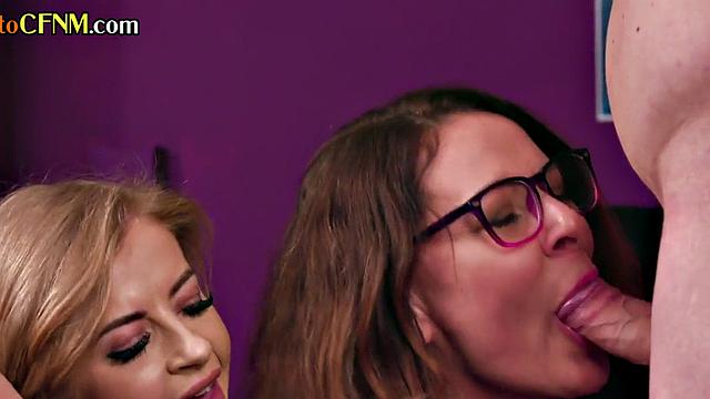 CFNM girls love sucking stiff cock while jerking it