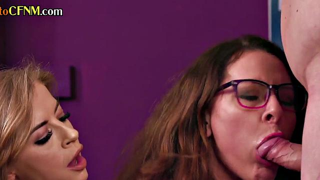 CFNM girls love sucking stiff cock while jerking it