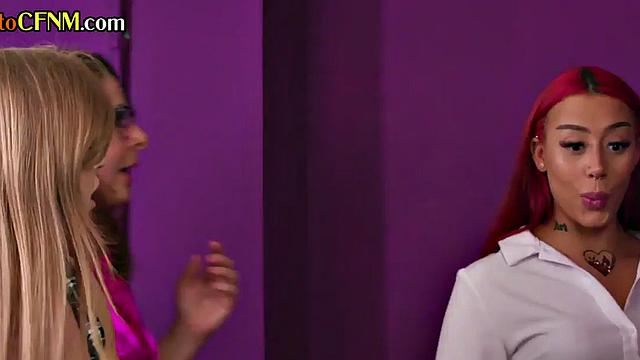 CFNM girls love sucking stiff cock while jerking it