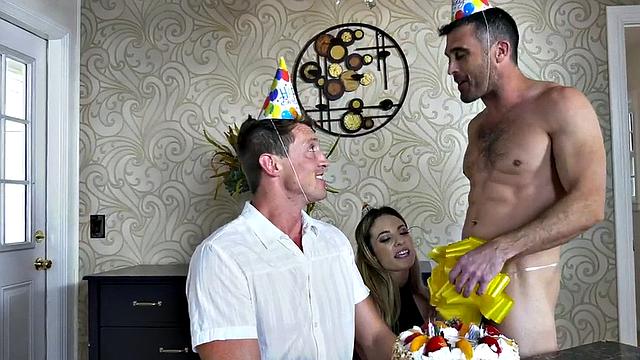 Bisex birthday babe licked and fucked in MMF 3some after messy BJ