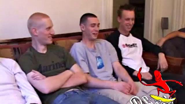 All five dudes start stripping off and line themselves up for a jerk-off session. They pass the lube around, get hard, and stroke their cocks. Torque and Roar unleash their cum on Kaos before heading out.