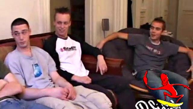 All five dudes start stripping off and line themselves up for a jerk-off session. They pass the lube around, get hard, and stroke their cocks. Torque and Roar unleash their cum on Kaos before heading out.