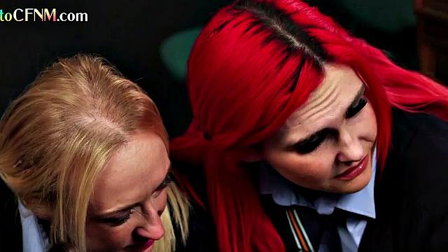 Uniform schoolbabes tugging classmates