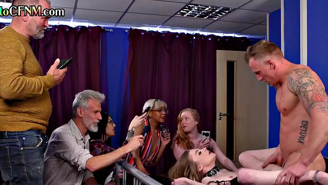 British CFNM slut pounded while others watch and film