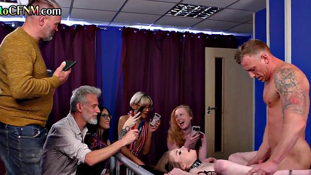 British CFNM slut pounded while others watch and film